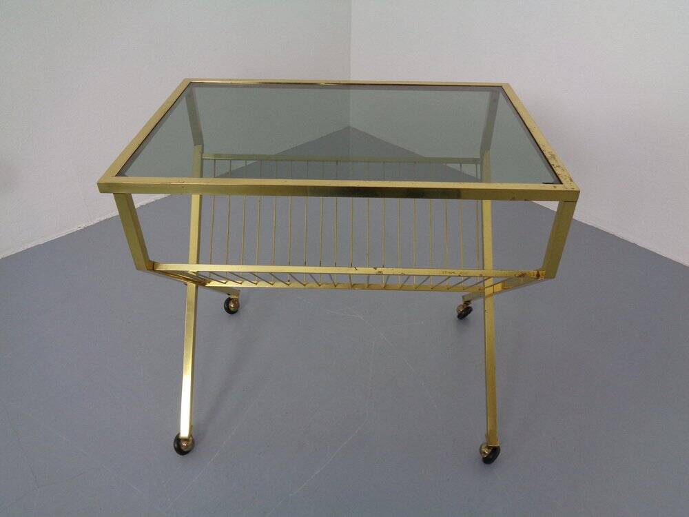 French brass and glass cart with magazine rack, 1960s