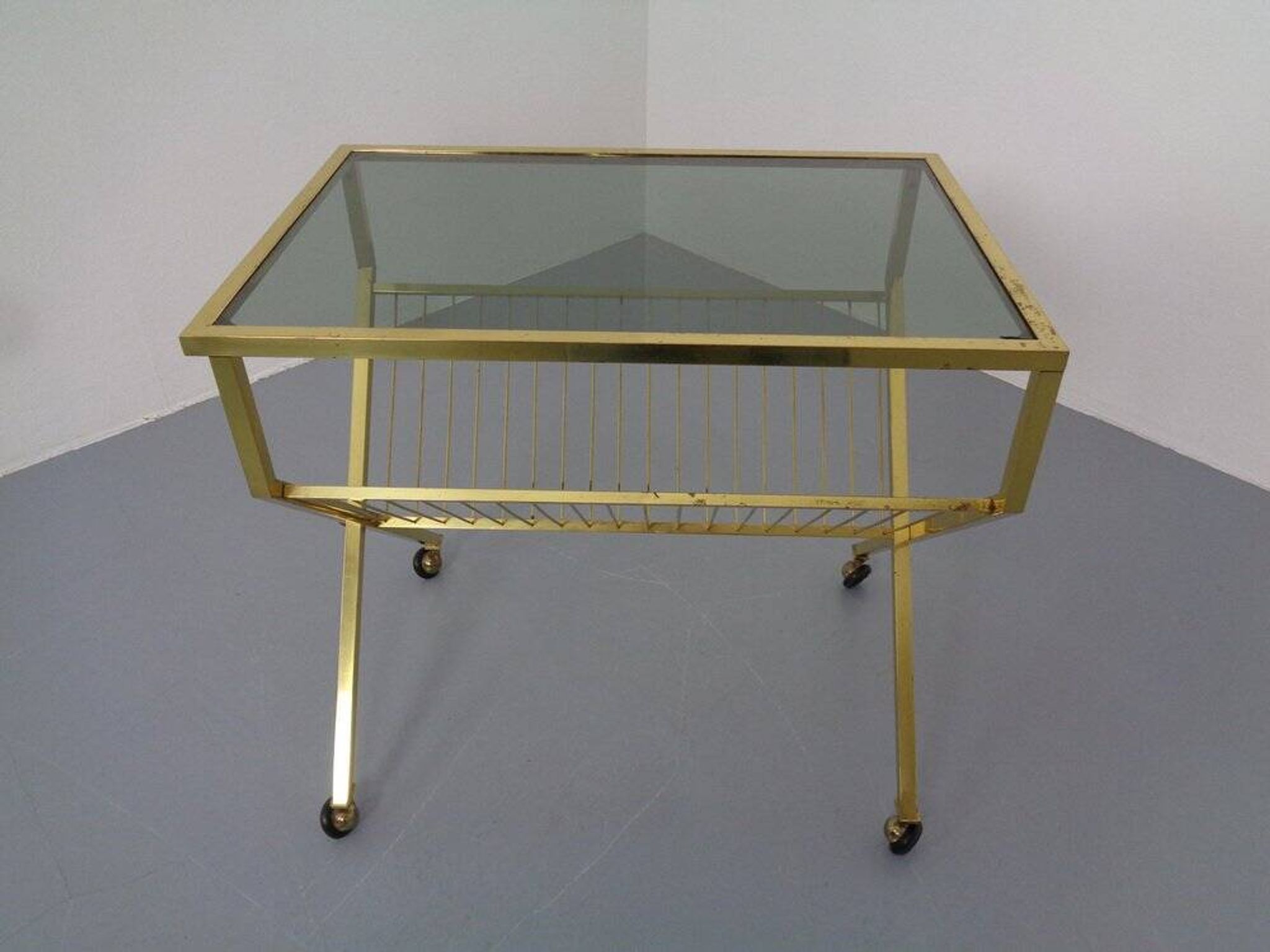 French brass and glass cart with magazine rack, 1960s