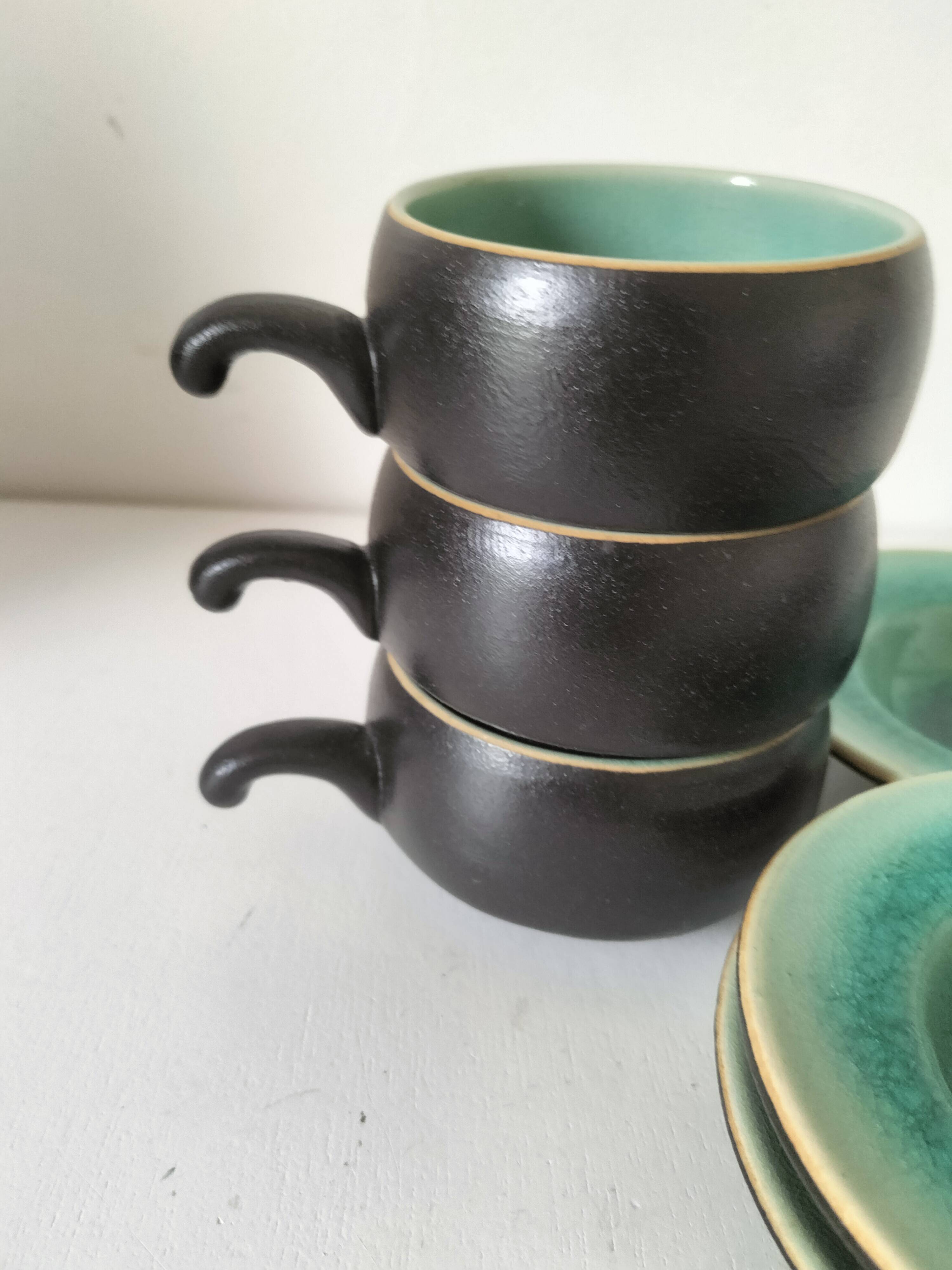 Set of three ceramic cups and saucers – crackled turquoise glaze