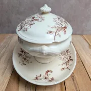 Antique sauce boat in ironstone from Salins – Sepia dragonfly decoration – With lid