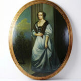 Elegant grand portrait medallion oil on curved Venetian wood vintage