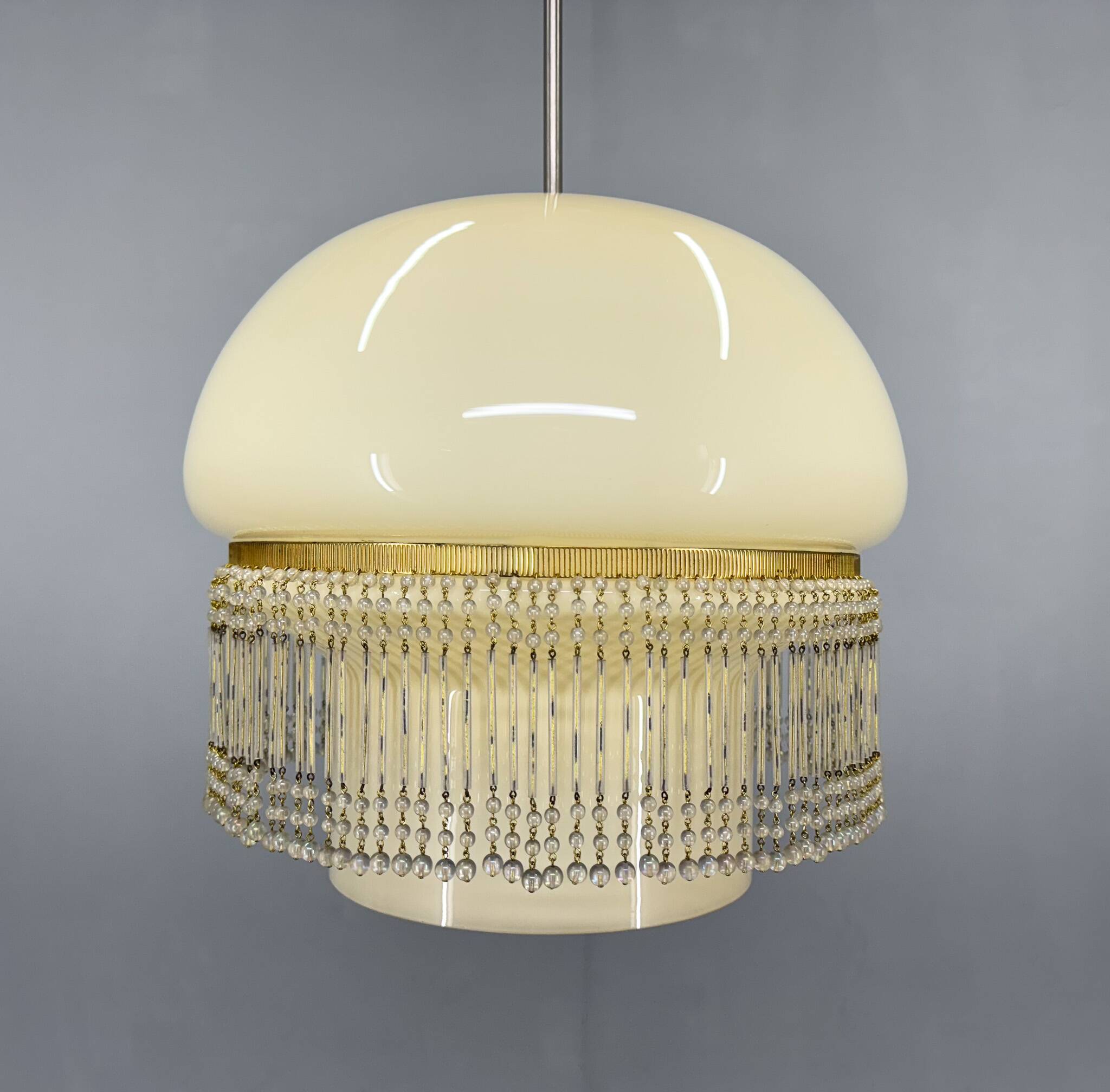 Mid-Century Opaline Glass Pendant Light with Brass Detail & Beads