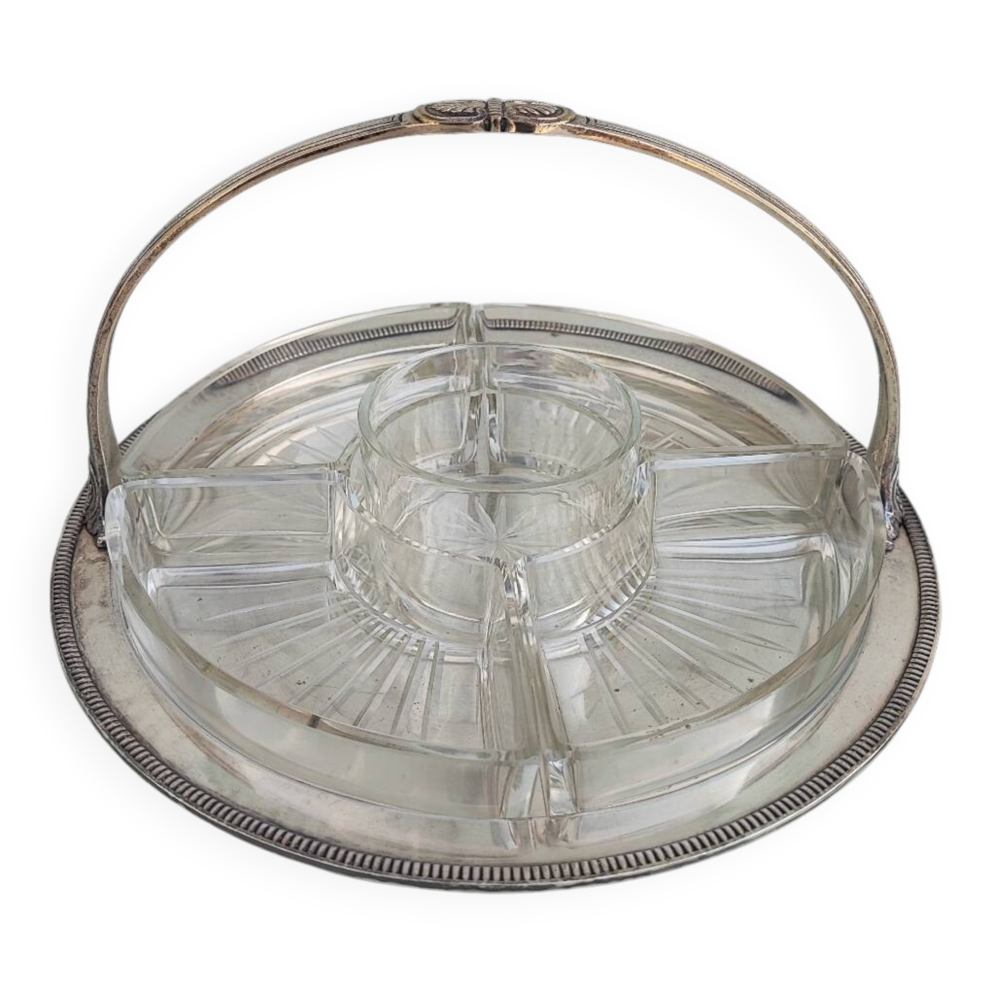 Silver plate and glass crudité serving dish