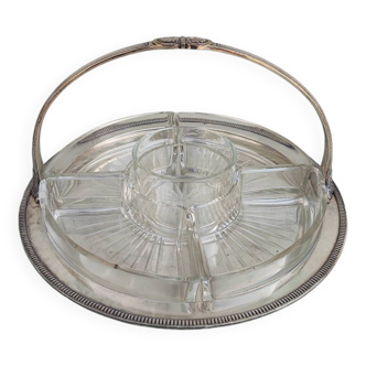 Silver plate and glass crudité serving dish