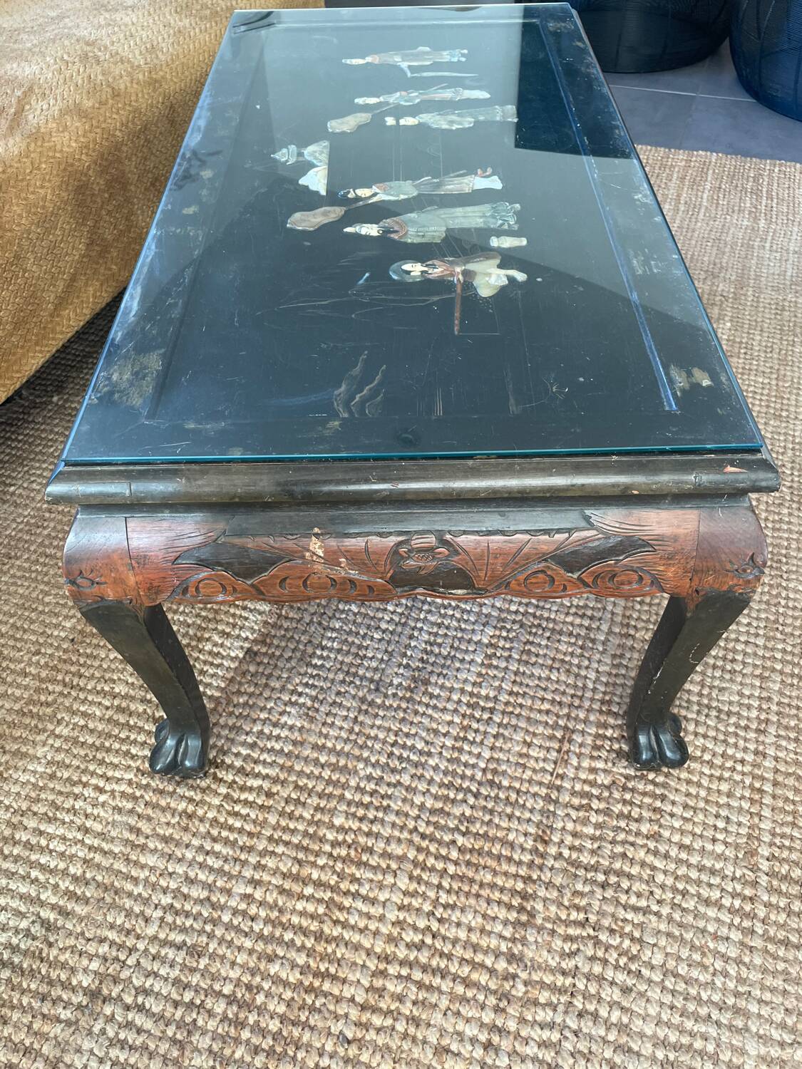 Carved wooden coffee table, Chinese craftsmanship.
