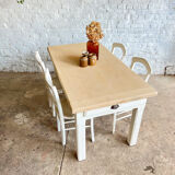 Ancienne table de ferme piétement patine blanche