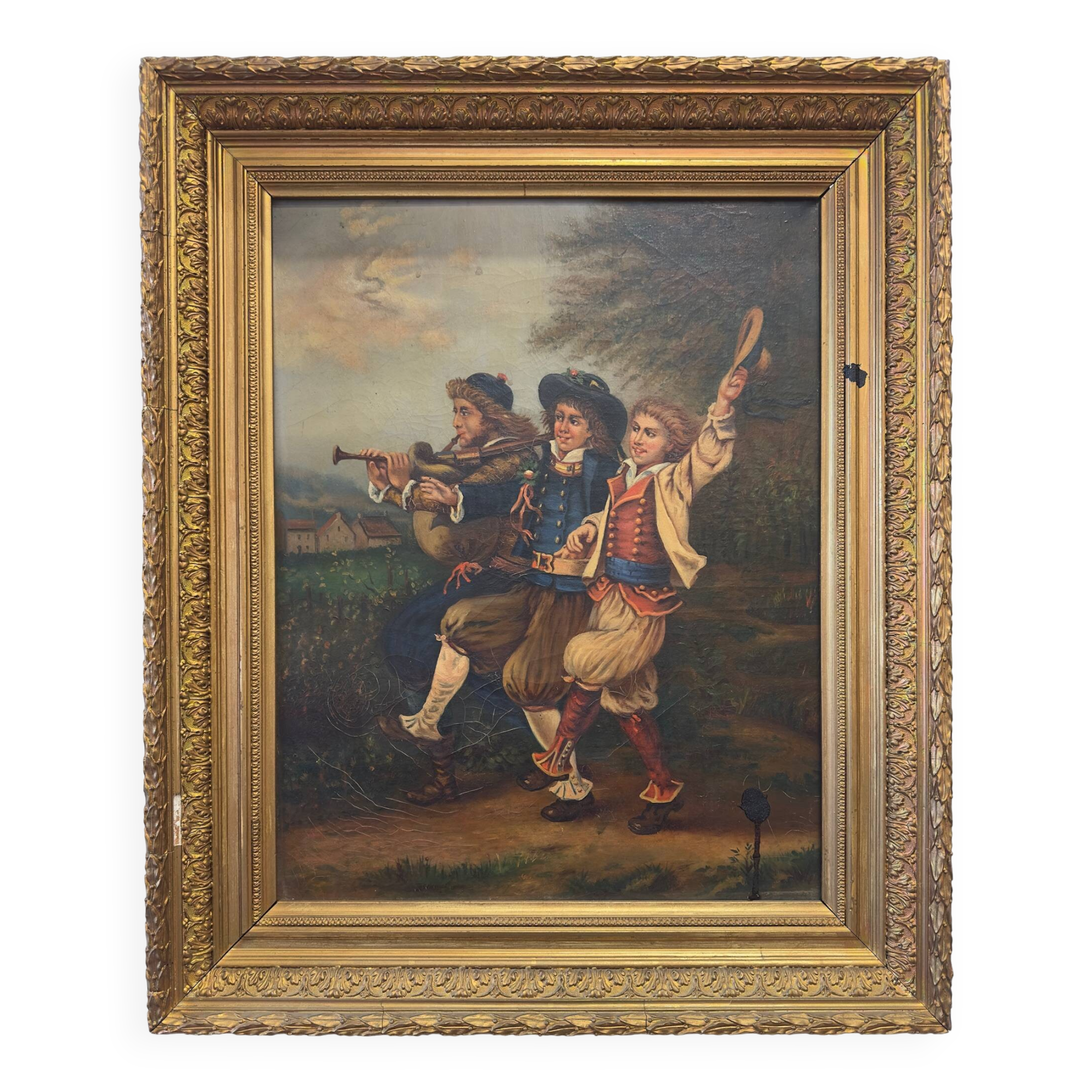 Oil on canvas 19th century – genre scene with musicians in costume