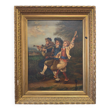 Huile sur toile XIXᵉ siècle – scène de genre avec musiciens en costume