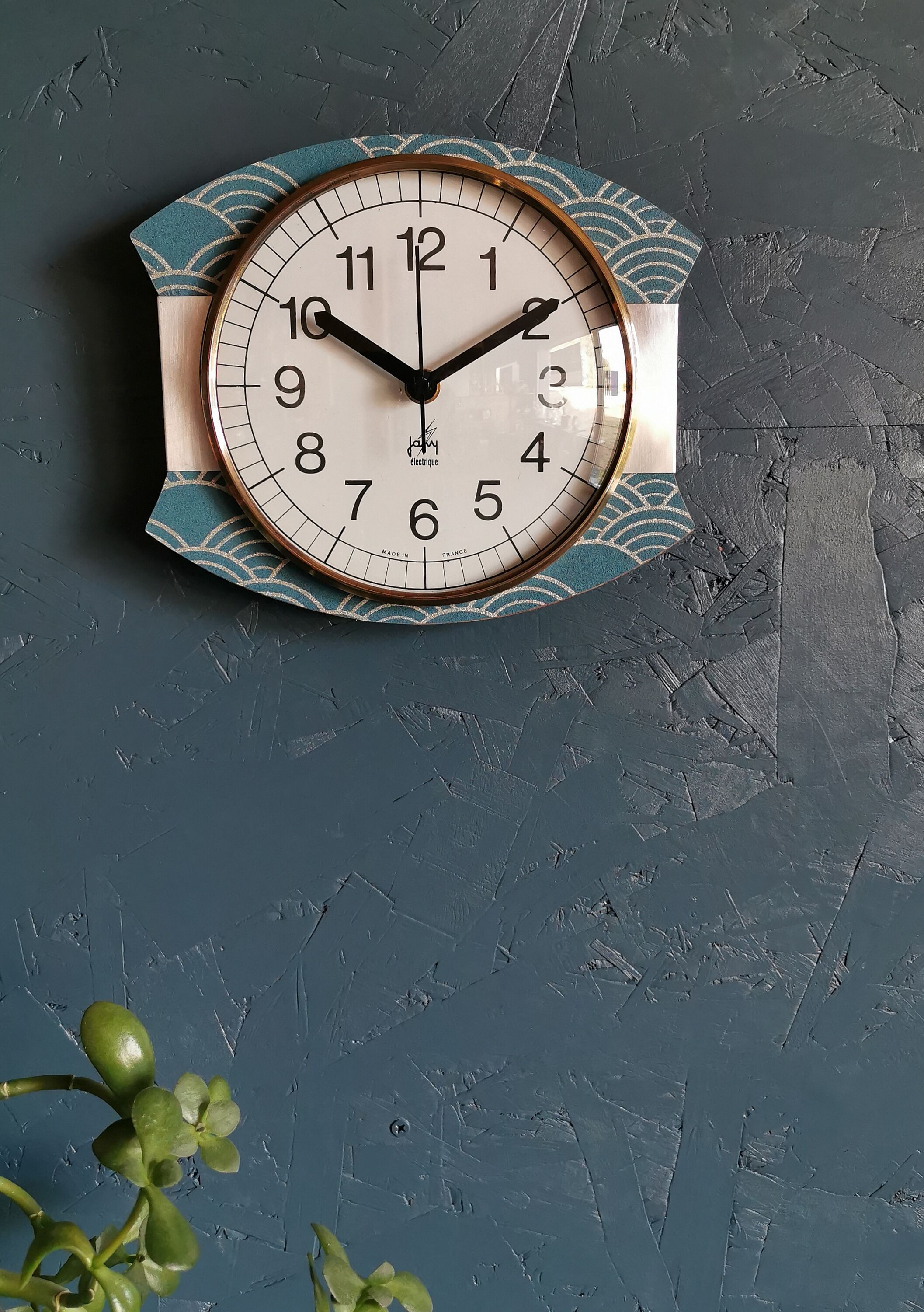 Vintage clock silent rectangular wall clock Japy blue silver