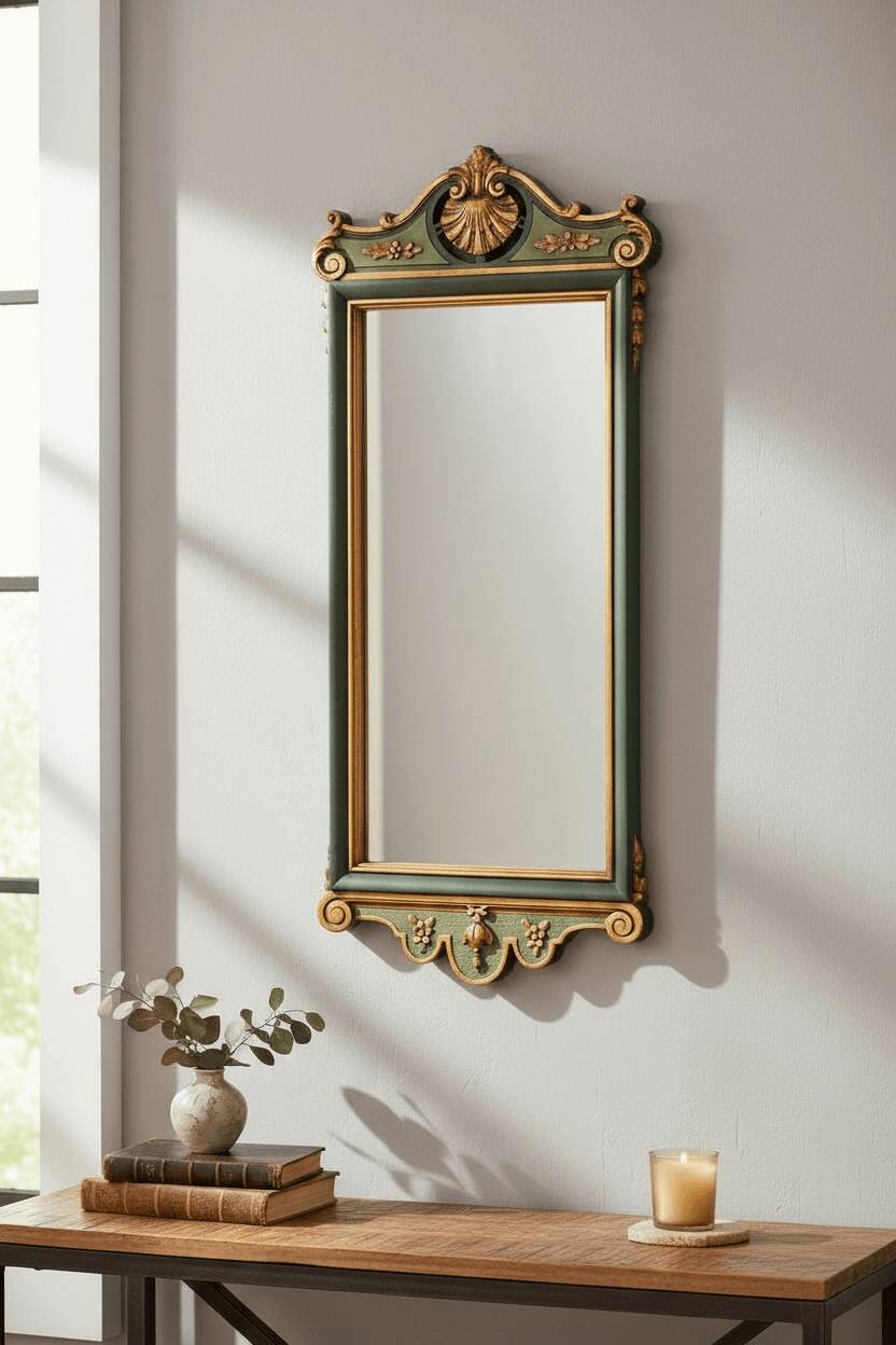 Antique full-length wall mirror in carved wood