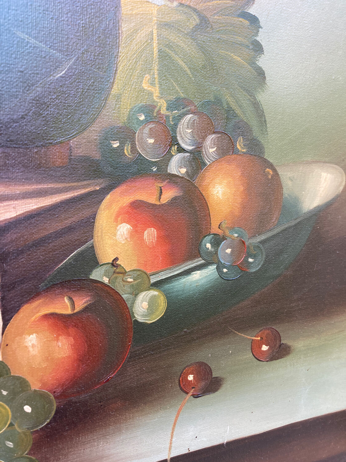 Painting on canvas still life old gilded wood frame / vintage fruit painting grape apple vase and jug