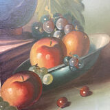 Painting on canvas still life old gilded wood frame / vintage fruit painting grape apple vase and jug