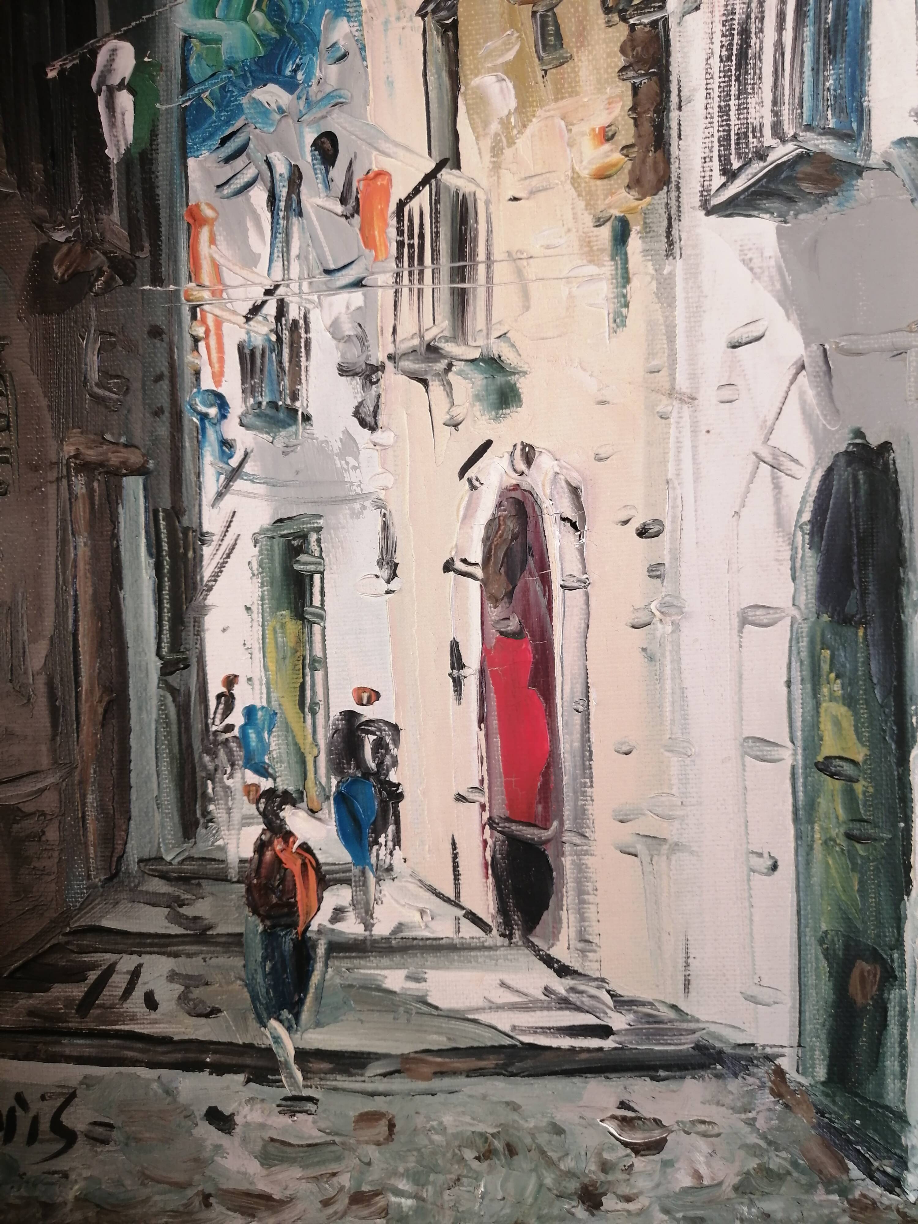 Street landscape - oil on canvas, framed and signed (to be deciphered)