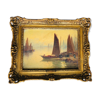 Table: Oil on Canvas - Return of sailboats to port