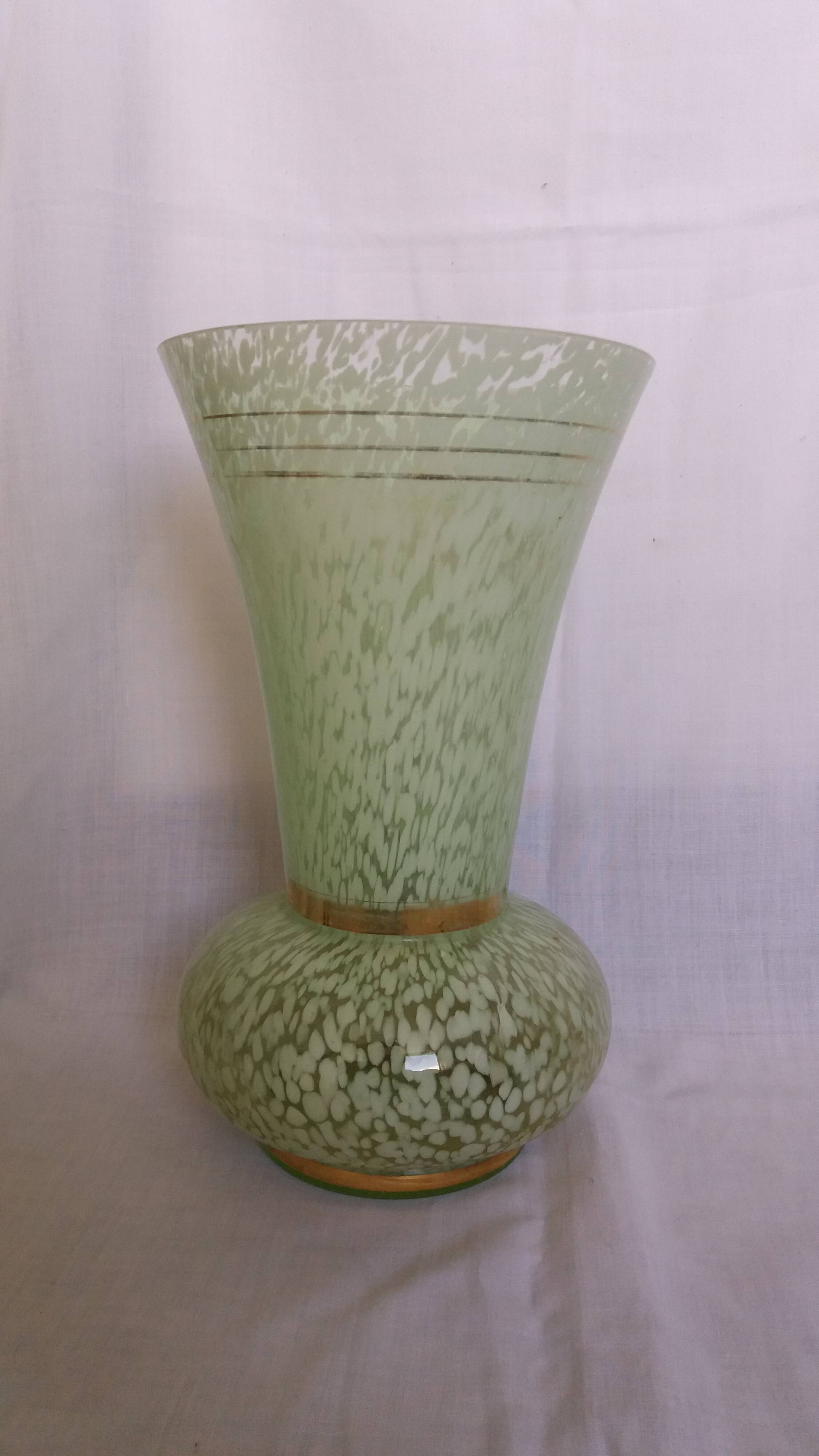 Green speckled glass vase from Clichy with gold threads.