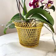 Mathieu Matégot round metal cache pot in yellow, France 1950s
