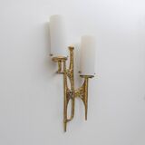 Pair of Brutalist Bronze Wall and Murano glass Sconces by Felix Agostini, 1