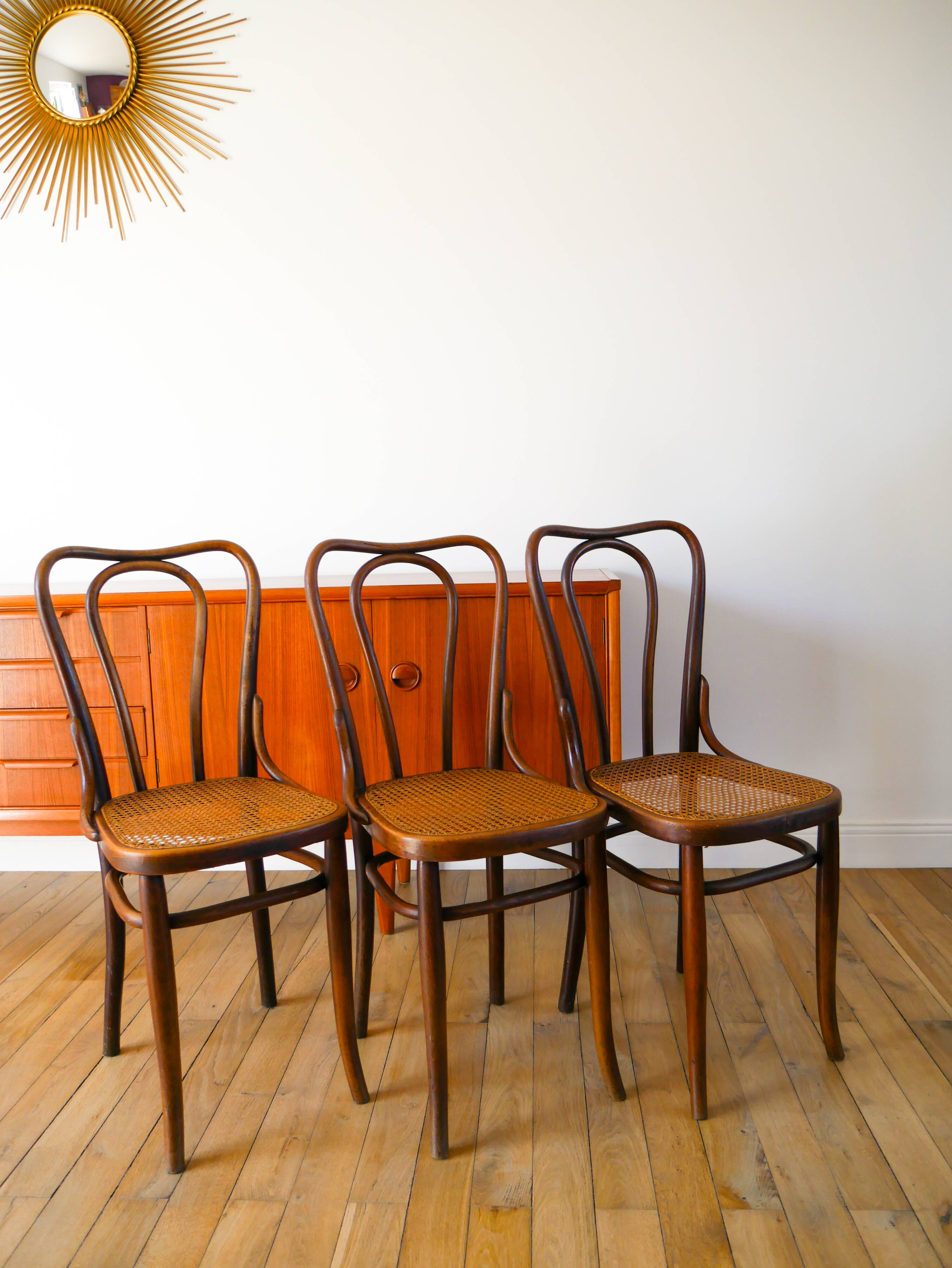 Set of 3 bistro chairs in wood and canework signed J. Kohn, Made in Austria, 20th century