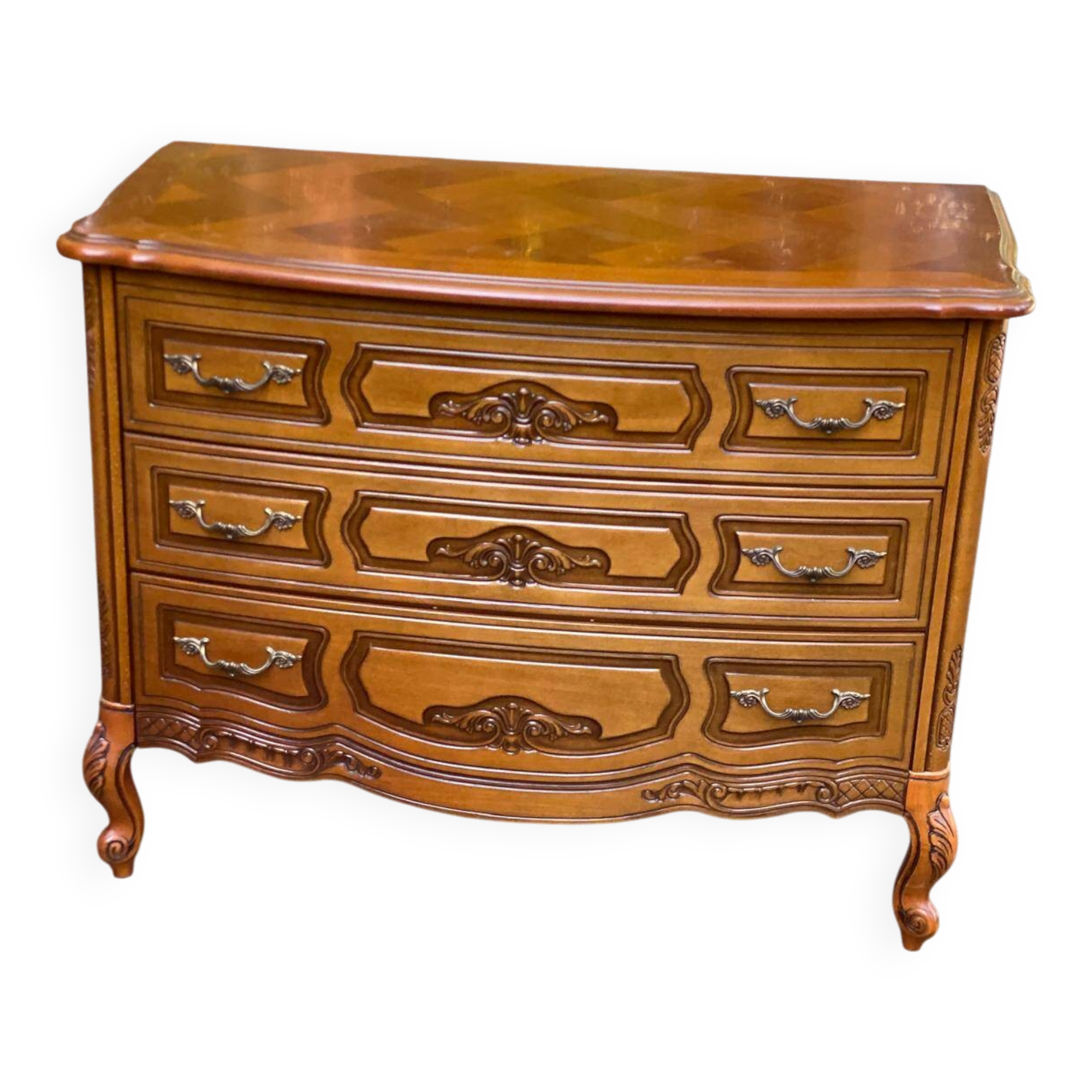 Curved bow commode Louis XV in solid wood and marquetry from the 1960s of the 20th century.