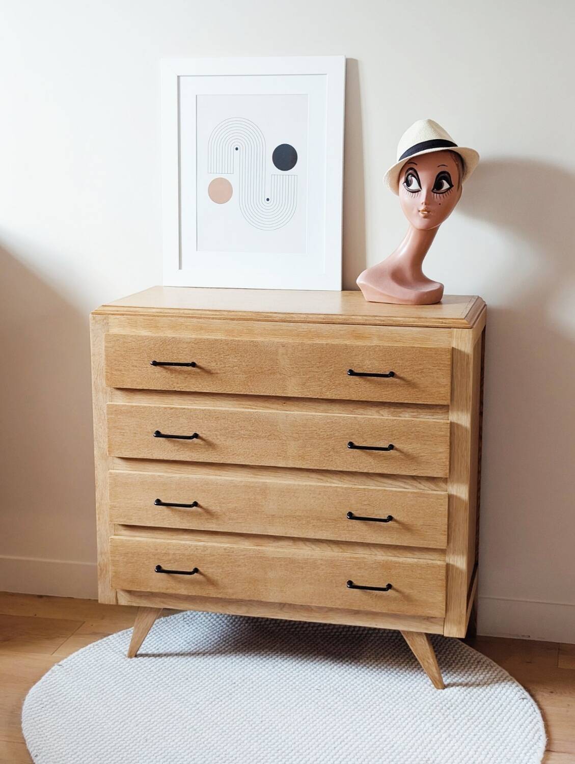 Vintage oak chest of drawers with splayed legs, restored