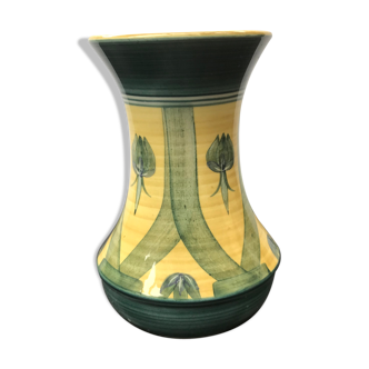 Ancien vase jersey céramique verte & jaune décor fleurs vintage