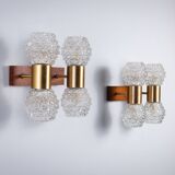 Pair of Swedish wall lamps with teak wood, brass and glass cup shade
