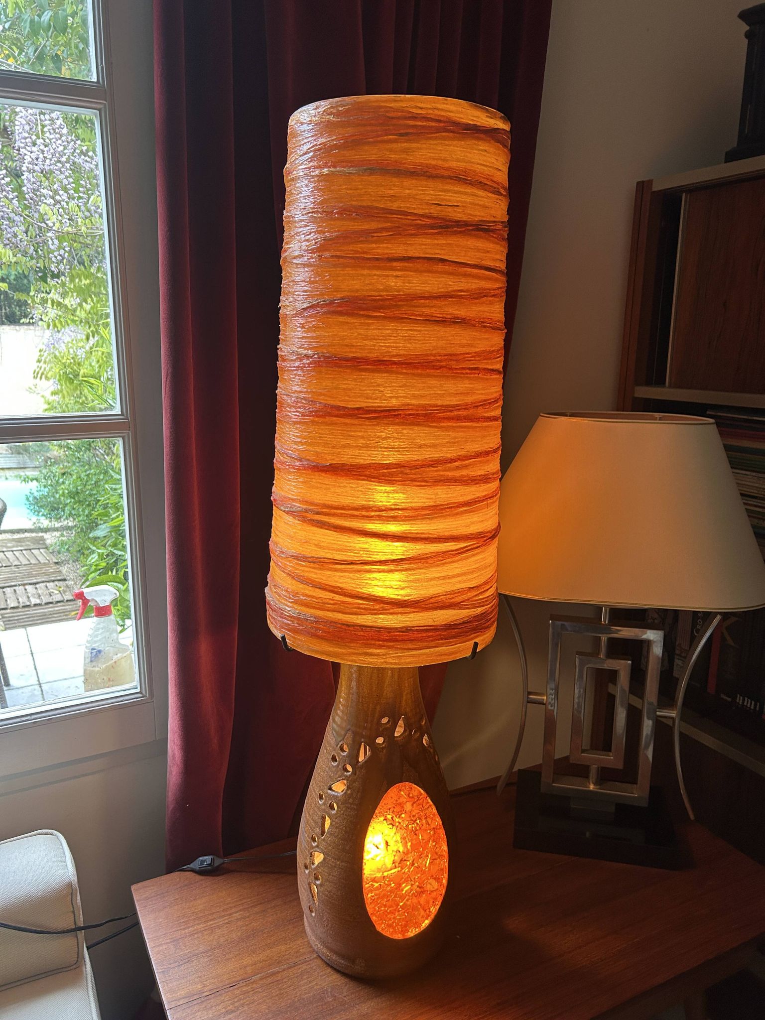Lampe Accolay en terre cuite, abat jour résine à double éclairage, 1960