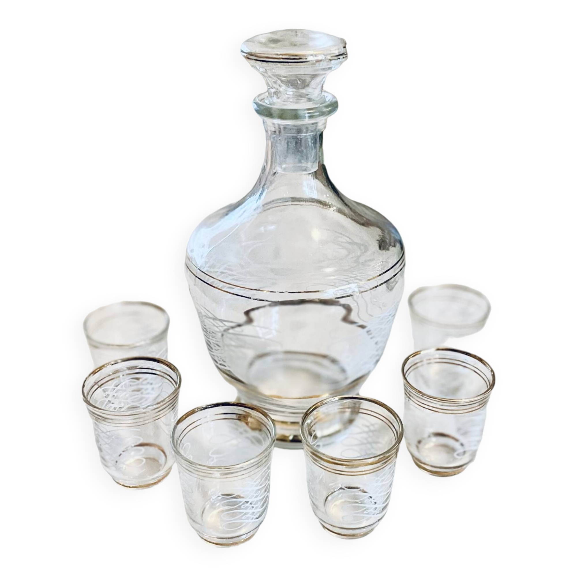 Carafe-glasses-Old liquor service, gold thread