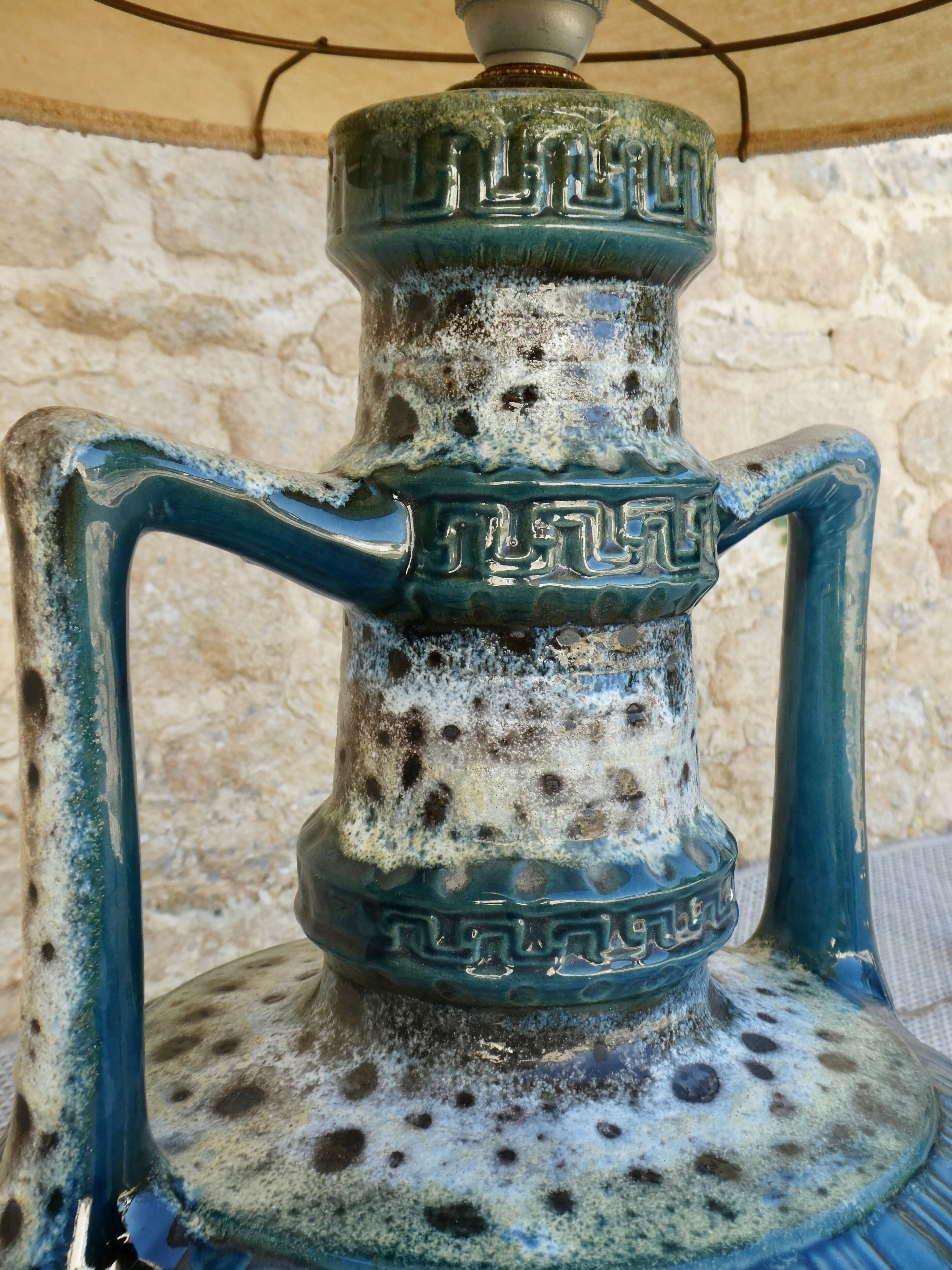 Blue ceramic floor lamp, Fat Lava, double lighting, 70s