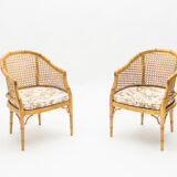 Pair of bamboo chairs caning around 1960