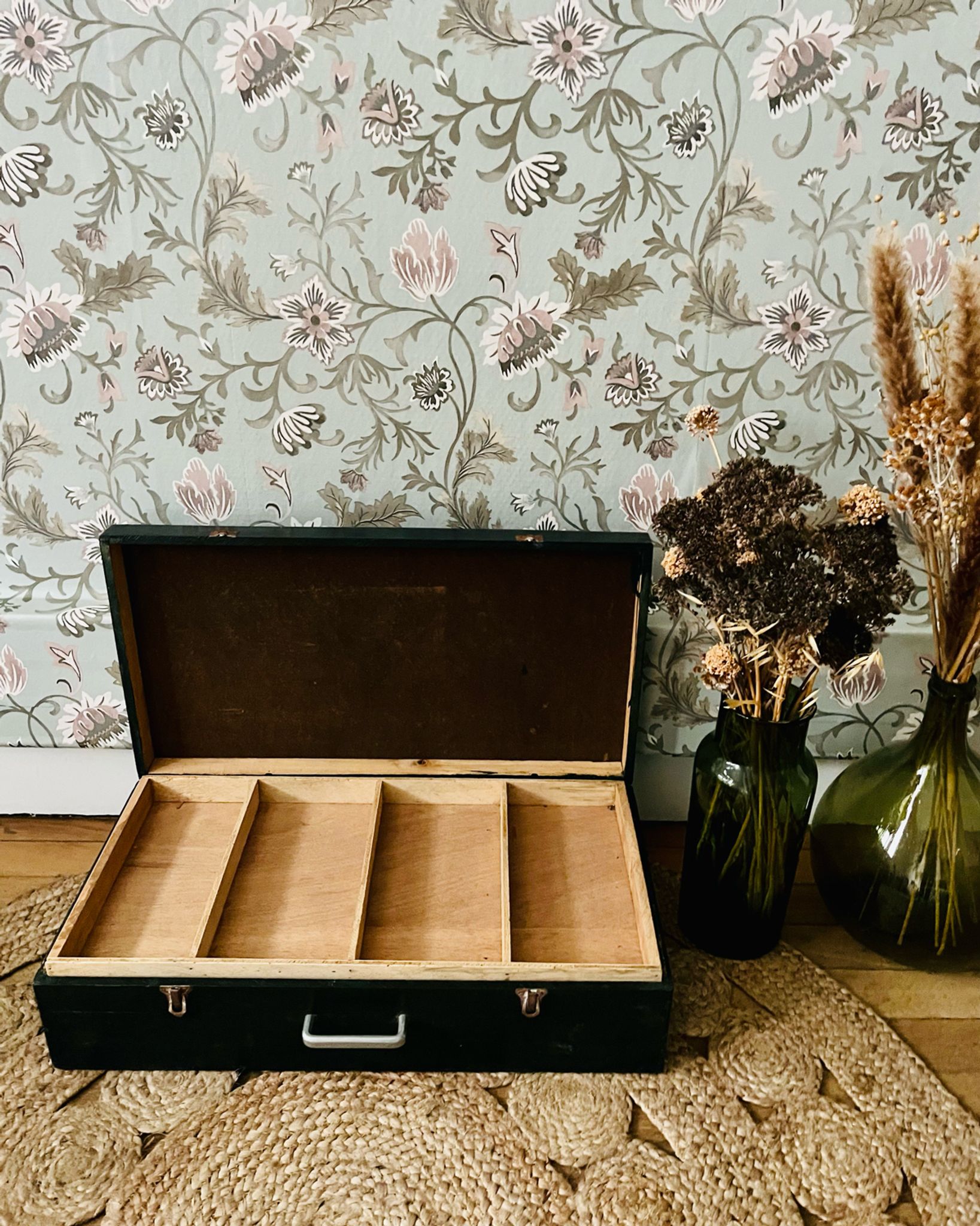 Vintage painter's chest in dark green wood