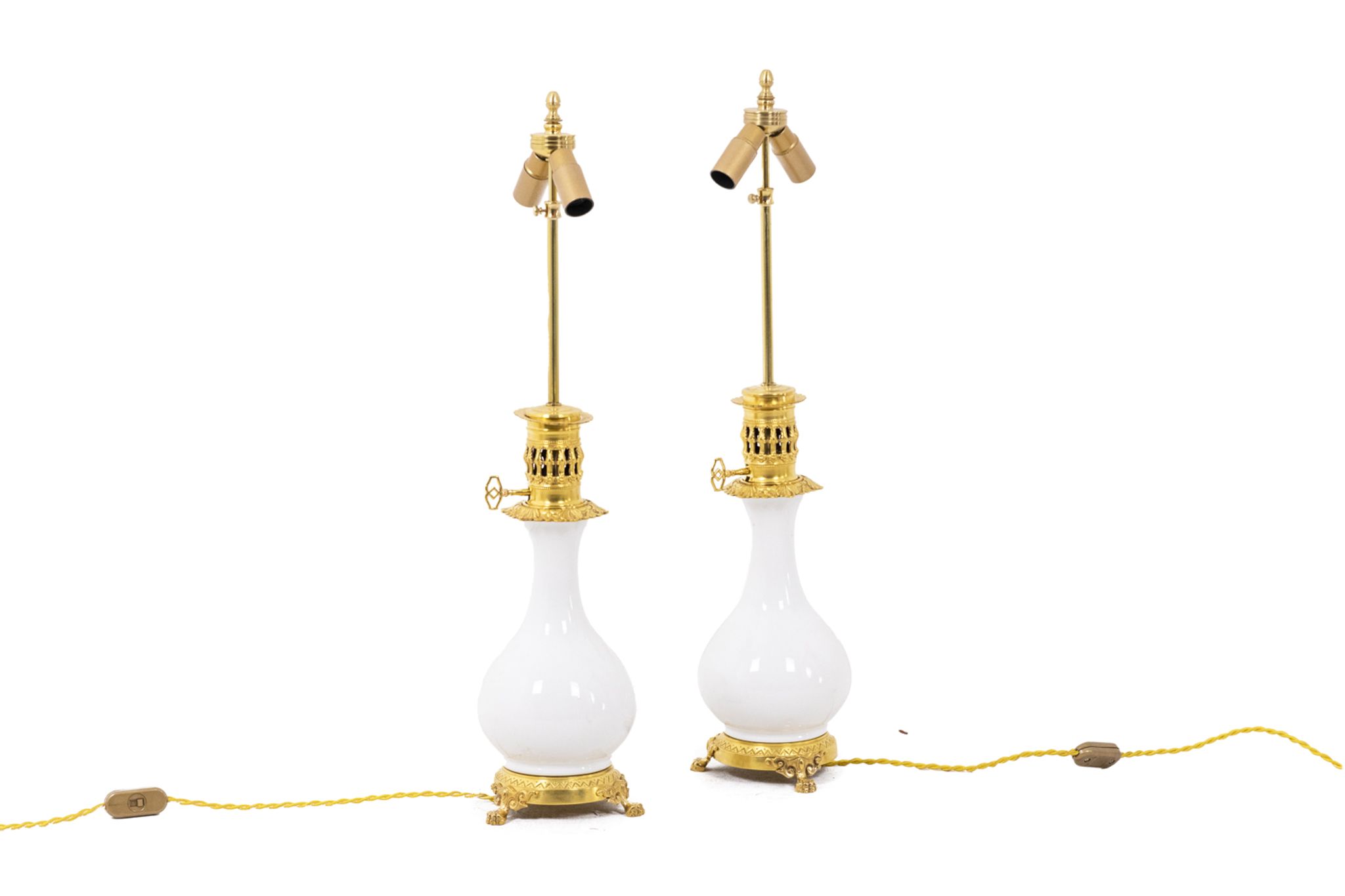 Pair of white and bronze porcelain lamps, circa 1880