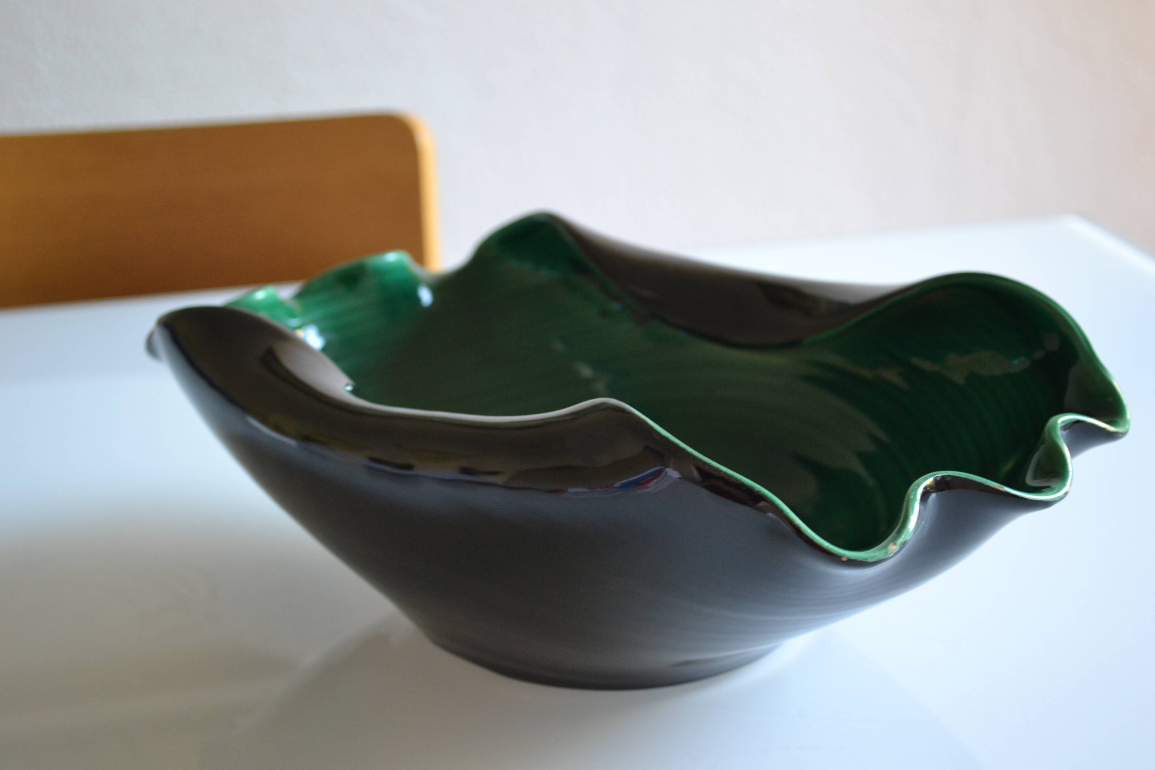 Grande coupe à fruits en céramique vert et noir années 60 60's 1960