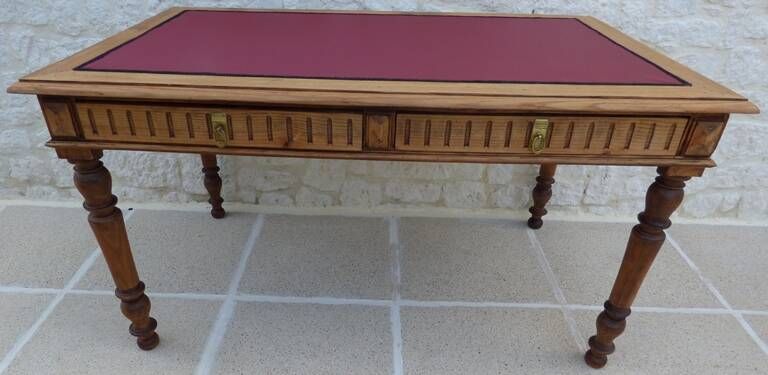 Antique desk with 2 drawers and burgundy faux leather top - Very good condition -