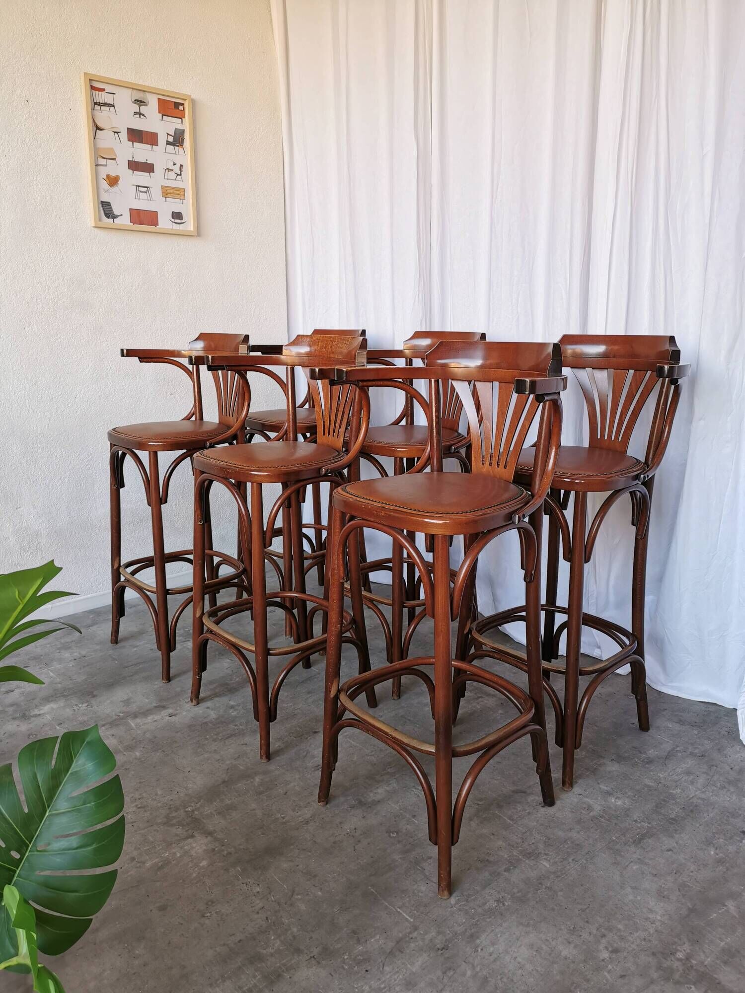 Set of 6 Vintage Bentwood Bar Stool Set: Brown Leather Seat, Nailhead Trim