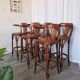 Set of 6 Vintage Bentwood Bar Stool Set: Brown Leather Seat, Nailhead Trim