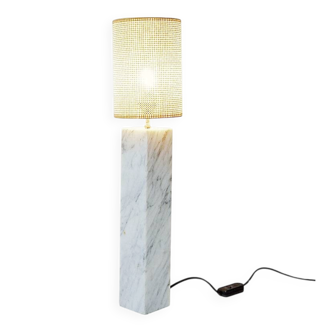 Vintage marble table lamp with new raffia shade.