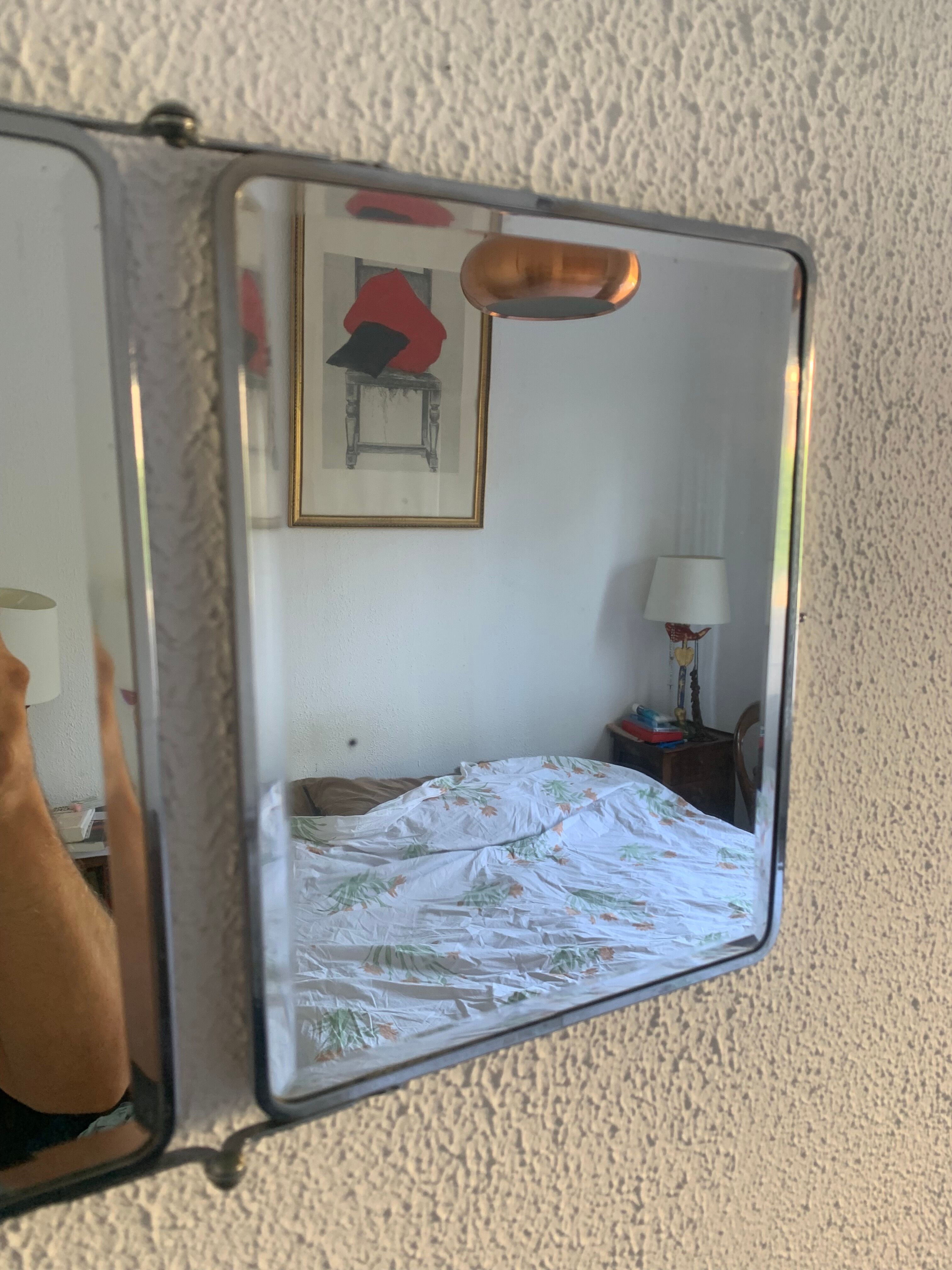 Vintage mirror 1930 triptych beveled barber iron gray - 28 x 69 cm