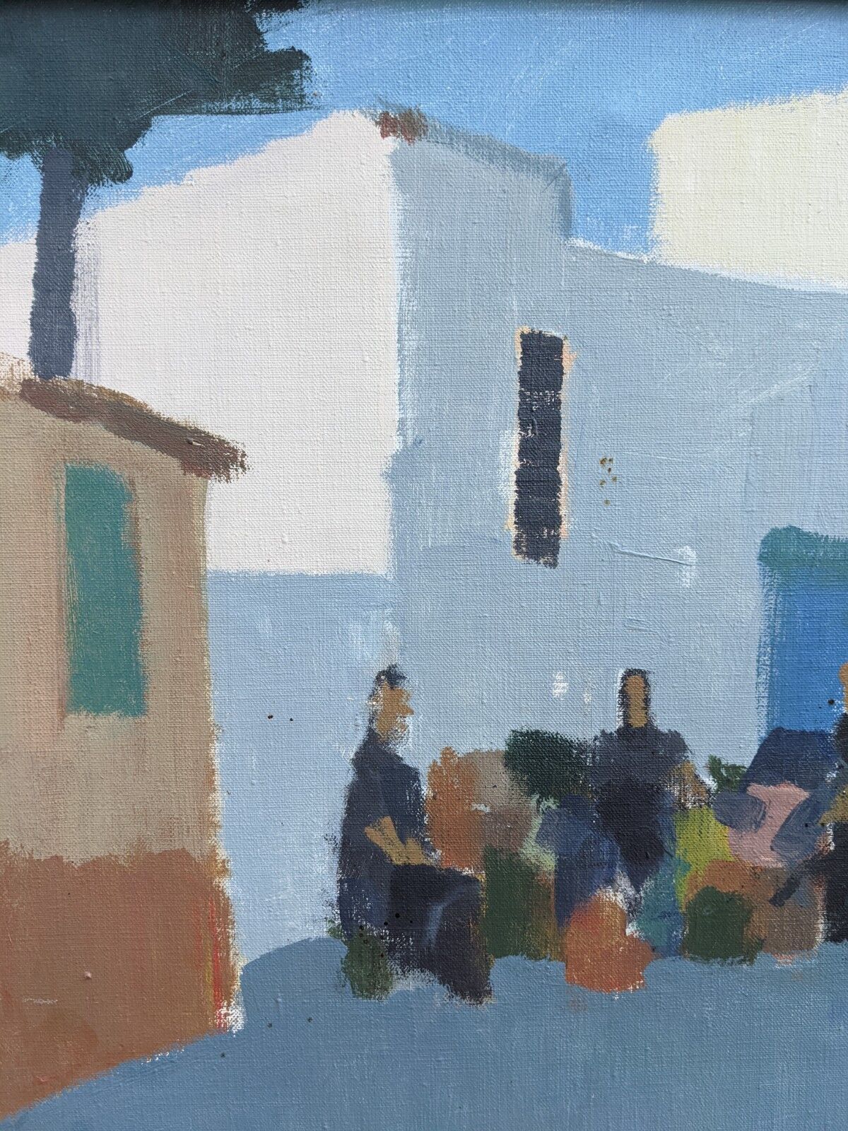 Mid-Century Modern "Charming Town" Vintage Swedish Street Scene Oil Painting, Framed