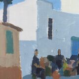 Mid-Century Modern "Charming Town" Vintage Swedish Street Scene Oil Painting, Framed