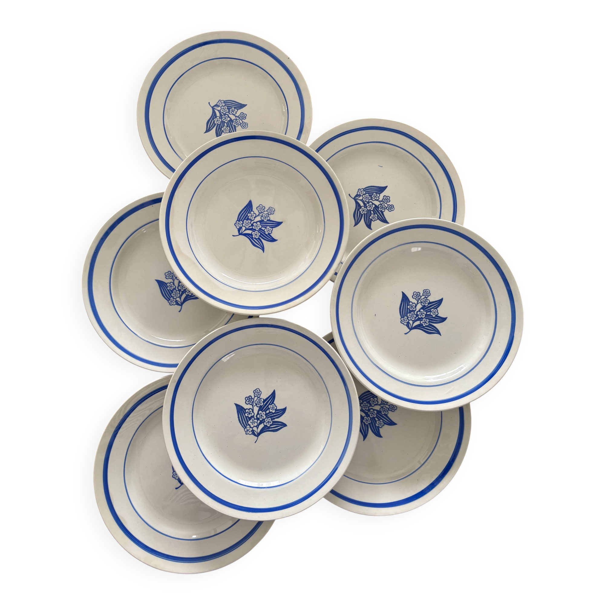Set of 8 vintage flat plates in earthenware with blue flowers – Tableware
