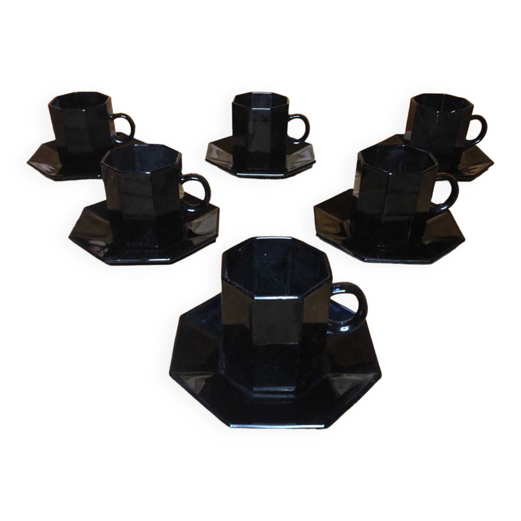 Series of 6 cups & saucers esso collection noire france vintage #a538