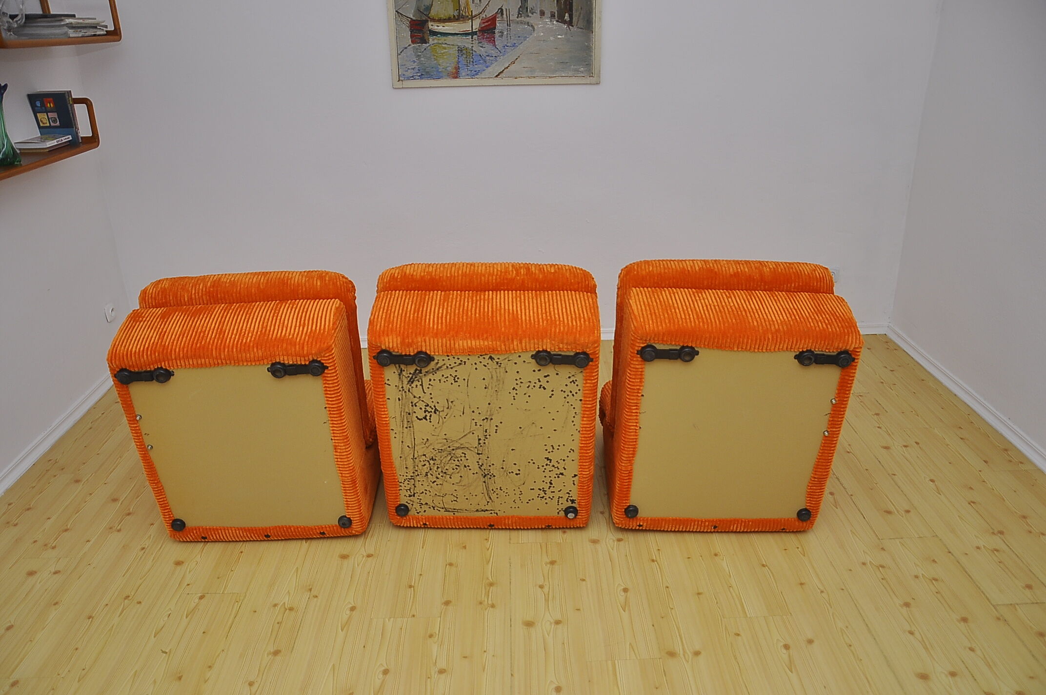 Orange corduroy modular sofa, 1970s.