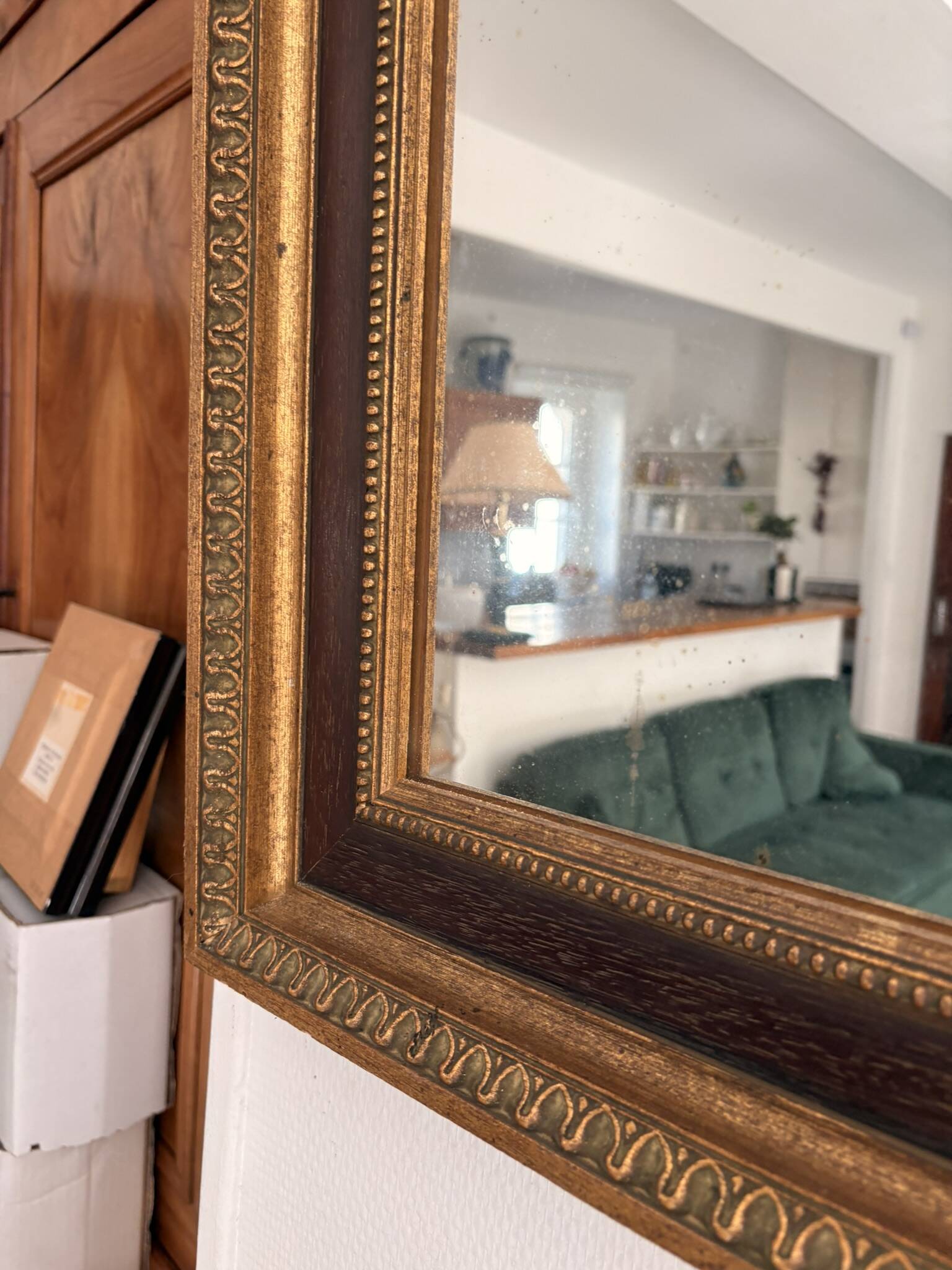 Golden Rectangular Wall Mirror Wood Louis XVI Style Acanthus Leaf Pearled