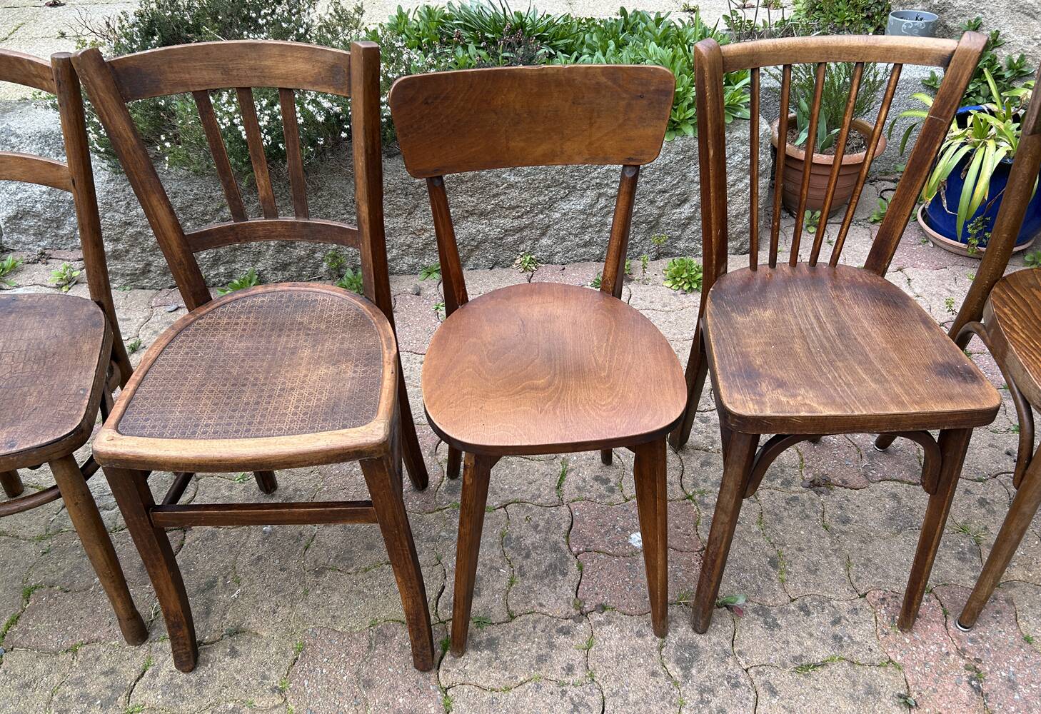 Set of 8 vintage bistro chairs, 50s, 60s, dark oak.