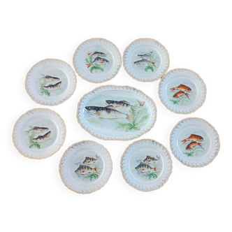 Service 8 assiettes + plat ovale motif poissons