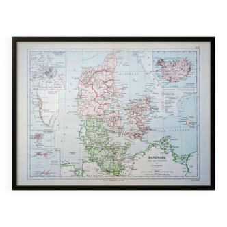 Le Danemark et dépendances, carte d'époque, 1887, Authentique