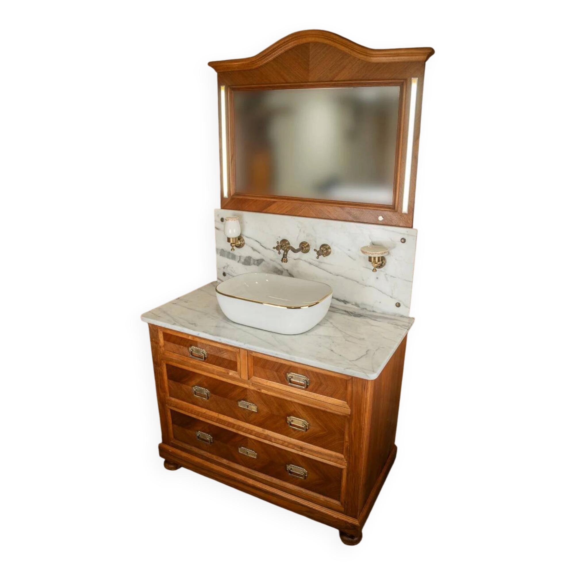 Antique washbasin cabinet from 1928 in wood and marble with a lighted mirror.