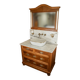 Meuble sous vasque ancien de 1928 en bois et marbre avec miroir éclairant