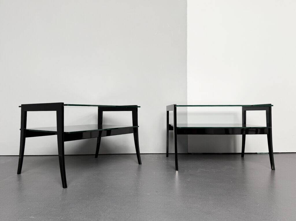 Pair of bedside tables, bedside consoles, black lacquer with glass tops, Italy, 1970s